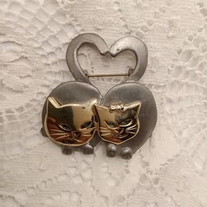 UltraCraft Gold and Pewter Cat Brooch Pin Cat Lover Pewter Cat Jewelry Green Eye
